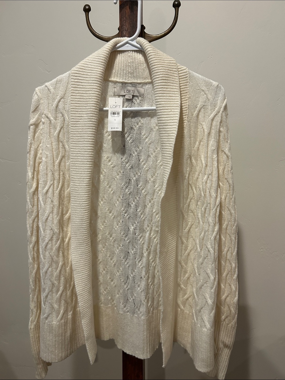 NWT ..LOFT Cream Cable-Knit Open Front Cardigan Sweater Wool Blend Size S